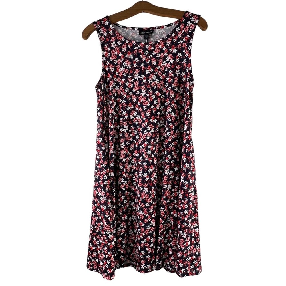 Nina Leonard Size Medium Navy Floral Sleeveless ALine Dress Scoop Neck Pink Blue